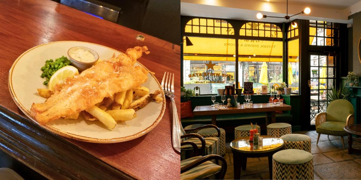 The White Star Tavern Fish & Chips dish next to photo of interior seating area