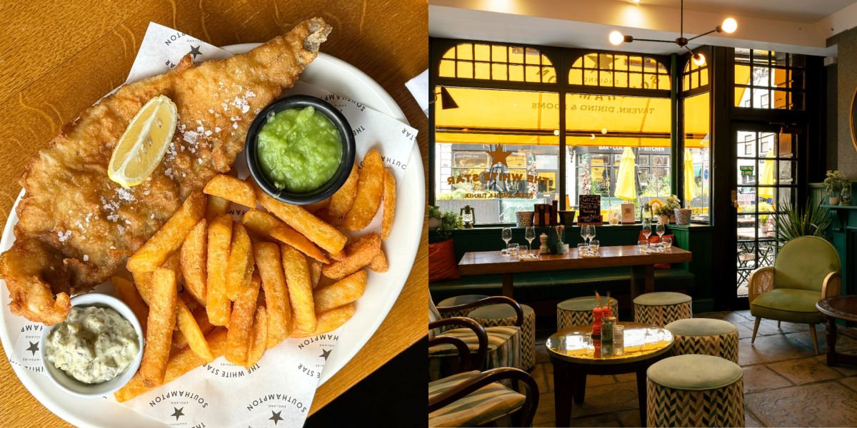The White Star Tavern Fish & Chips dish next to photo of interior seating area