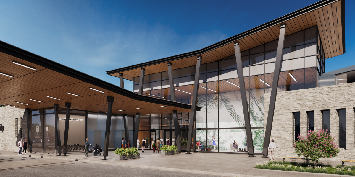 Rendering of Community Center and Library at Revitalized Grogan's Mill Village Center