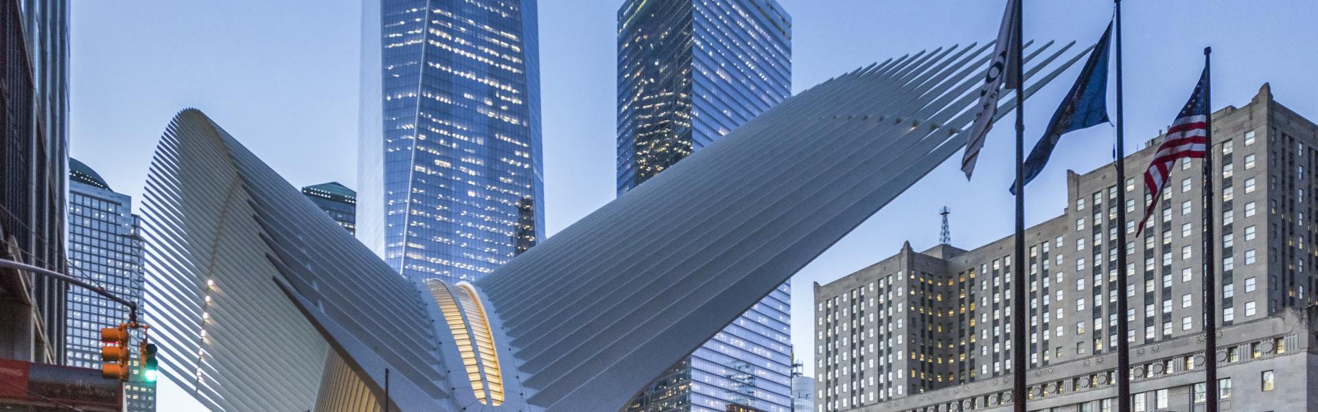 Oculus, exterior, dusk