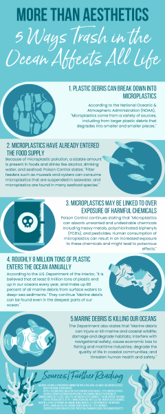 Infographic depicting 5 ways trash in the ocean affects all life.
