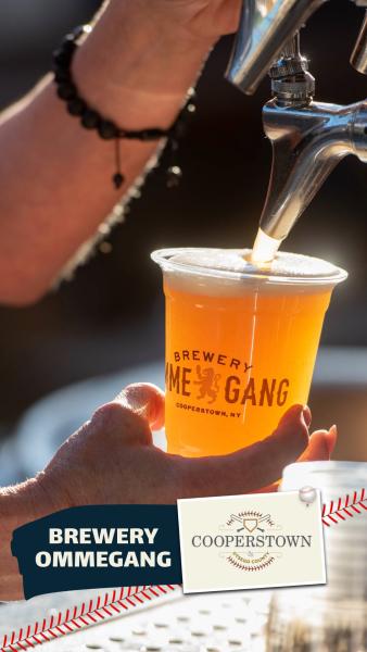 An image of a golden colored beer being poured from a tap with the text below it that says Brewery Ommegang.