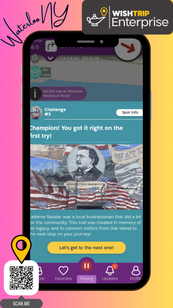 Wishtrip app pulled up on an image of a phone in front of a pink and yellow background.