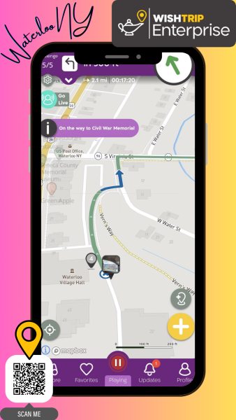 Wishtrip app pulled up on an image of a phone in front of a pink and yellow background.