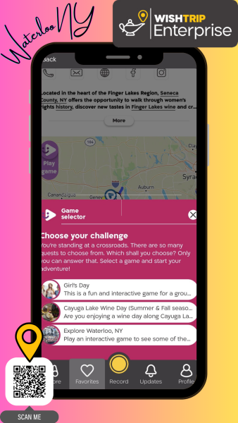 Wishtrip app pulled up on an image of a phone in front of a pink and yellow background.