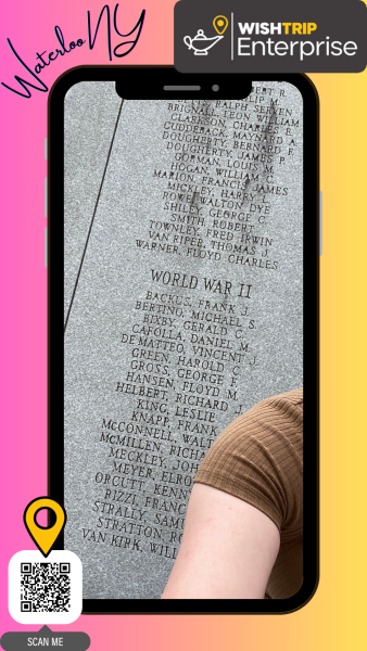 Wishtrip app pulled up on an image of a phone in front of a pink and yellow background.
