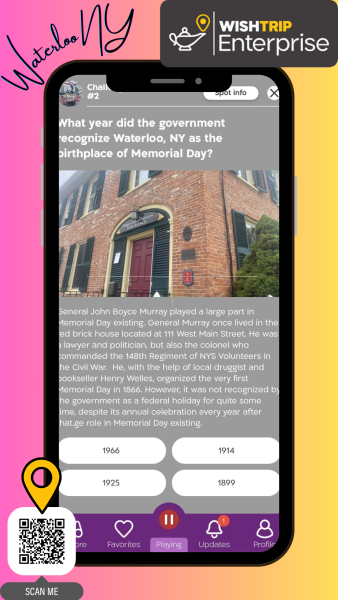 Wishtrip app pulled up on an image of a phone in front of a pink and yellow background.