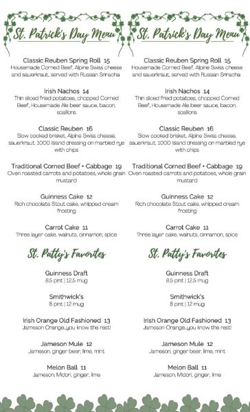 Jacob & Anthony's St. Paddy's Day Menu