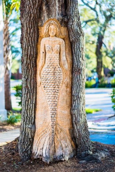 A mermaid tree carving is the most famous of the St. Simons Island Tree Spirits