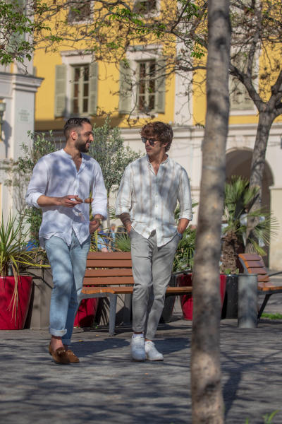 Gay couple walking in Nice