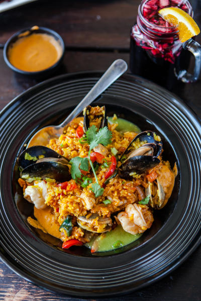 Arroz con Mariscos dish at La Viiga Seafood Restaurant in Redwood City, California