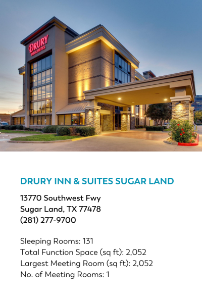 Hotel venue meeting information card for Drury Inn & Suites Sugar Land.