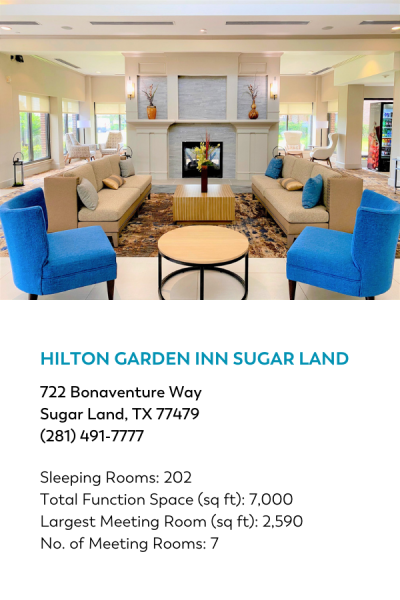 Hotel venue meeting information card for Hilton Garden Inn Sugar Land.