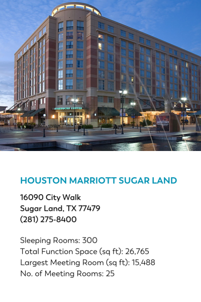 Hotel venue meeting information card for Houston Marriott Sugar Land.