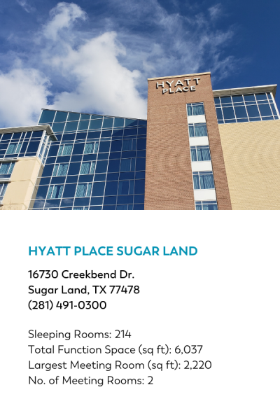Hotel venue meeting information card for Hyatt Place Sugar Land.