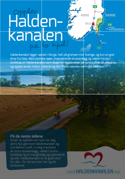 Forsiden til Haldenkanalens sykkelbrosjyre: Opplev Haldenkanalen på to hjul