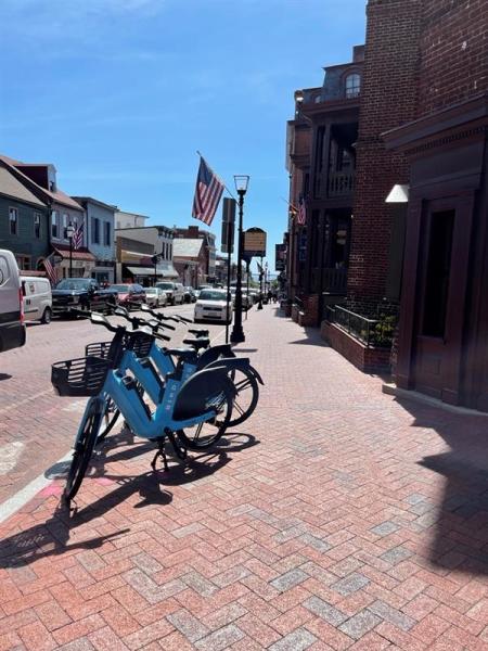 A group of Bird e-bikes wait for a next round of riders on a brick sidewalk