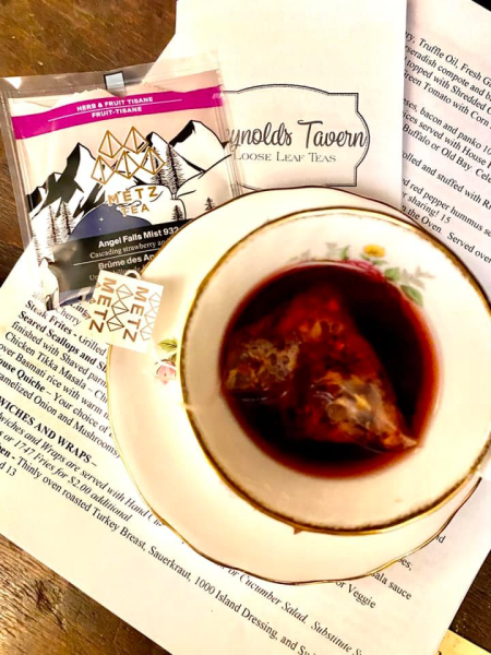 A cup of tea sits on a table at Reynolds Tavern in Annapolis