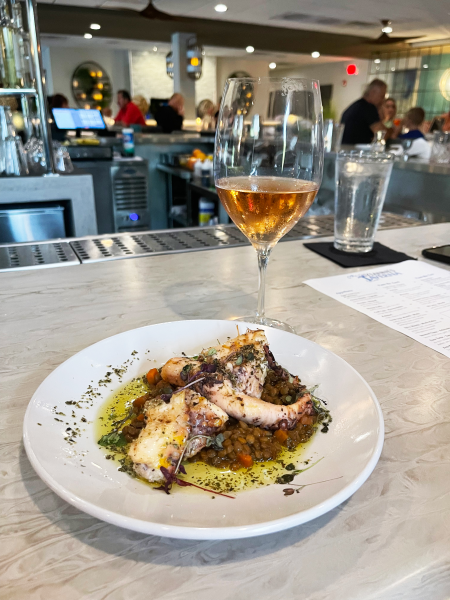 Grilled octopus and a glass of wine at Yianni's Taverna in Bethlehem