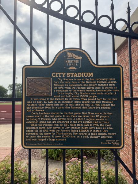 Plaque on the gates of City Stadium, in Green Bat, Wisconsin. It is a part of the history trail.