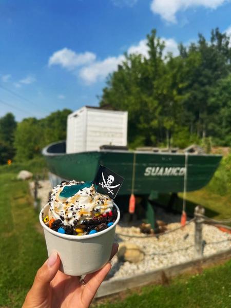 A Shipwreck Sundae topped with whipped cream, caramel, Oreos, mini M&Ms, a gummy shark, and a pirate flag.