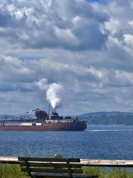 A freighter arriving at the Upper Harbor Ore Dock in Marquette