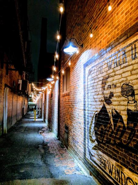 picture of alley with artwork on brick and strings of lights above where coppins at hotel covington offers a food window ky