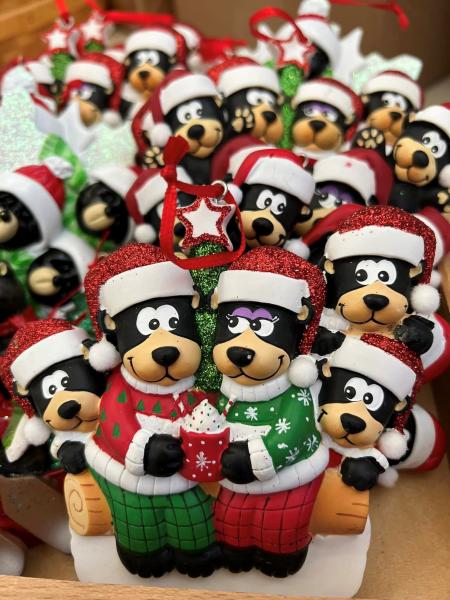 Clark's Bears Gift Shop - Bear Ornaments Wearing Sweaters and Santa Hats