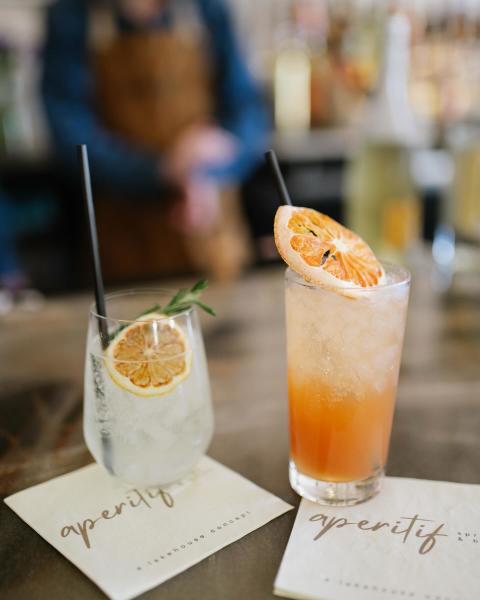 A clear cocktail in a short glass and a muted orange cocktail in a tall glass, both topped by dried citrus slices