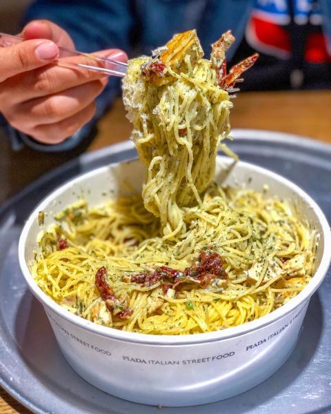 A bowl of spaghetti at Piada Street Food