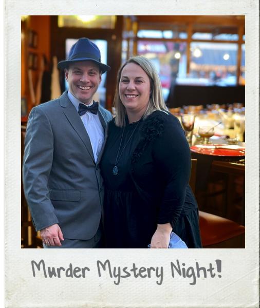 A Polaroid photograph of the Hausmanns at a Murder Mystery Night at Plate 108 in Greer, SC.