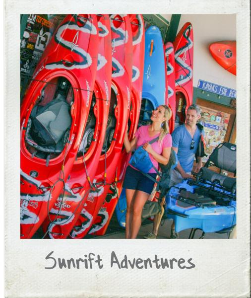 A Polaroid photograph showing a couple looking at kayaks at Sunrift Adventures in Travelers Rest, SC.