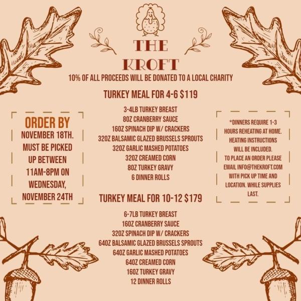 Image of the menu available at The Kroft inside the Anaheim Packing House for Thanksgiving 2021