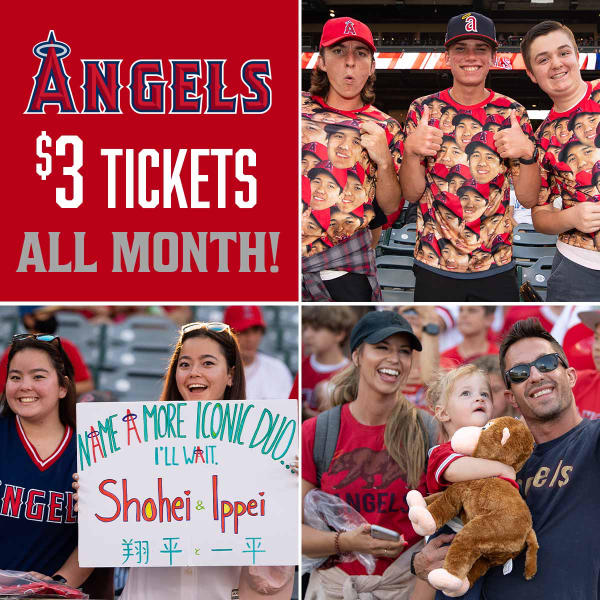 Four images compiled together into one collage. Each individual image features Angels fans cheering on the team.