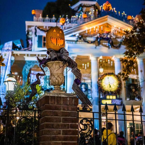 Image of the front of Haunted Mansion Holiday. Holiday lights that are orange, white, and black can be seen twinkling from the attraction. A jack-o-lantern wrapped in a Halloween-type tie is seen in the foreground.