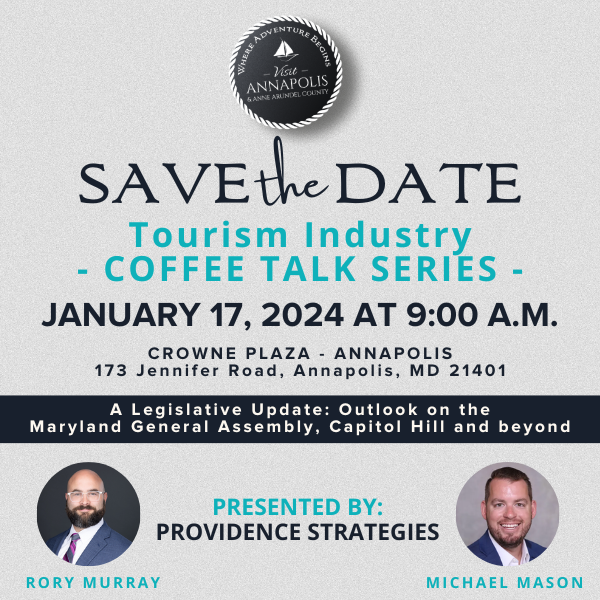 Coffee Talk Series Save The Date Two images of Rory Murrary and MIchael MAson with Providence Strategies and inclusion of the event on January 17, 2024 and text that summarizes the event topic A Legislative Update