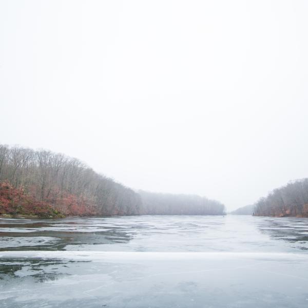 Griffy Lake iced over on a misty winter day