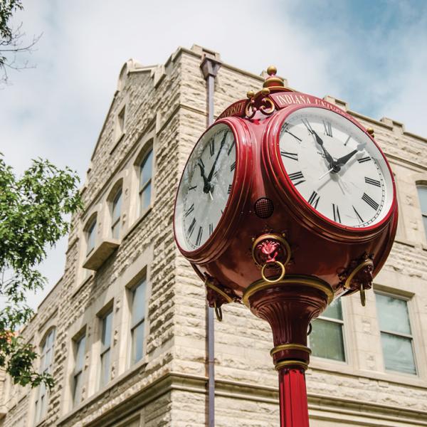 Red Clock Tower in Downtown Bloomington