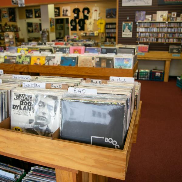 Display of vinyl records at Landlocked Music