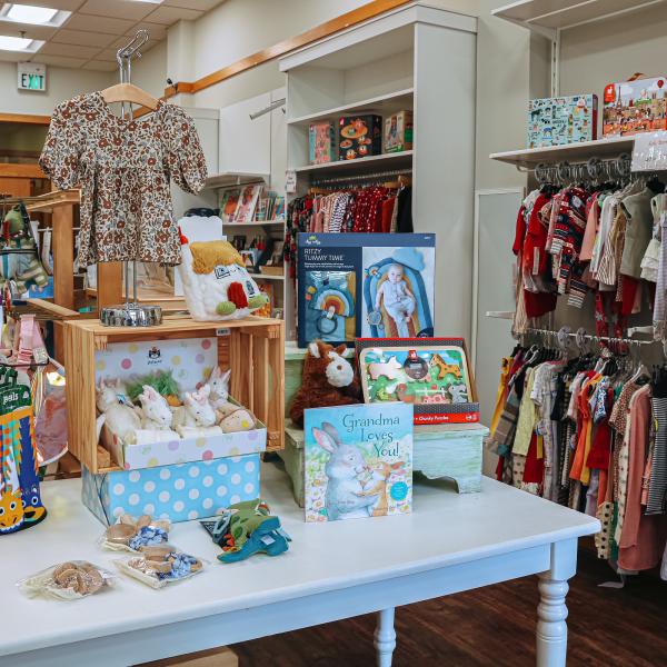 Displays of children's items for sale at O'Child Children's Boutique