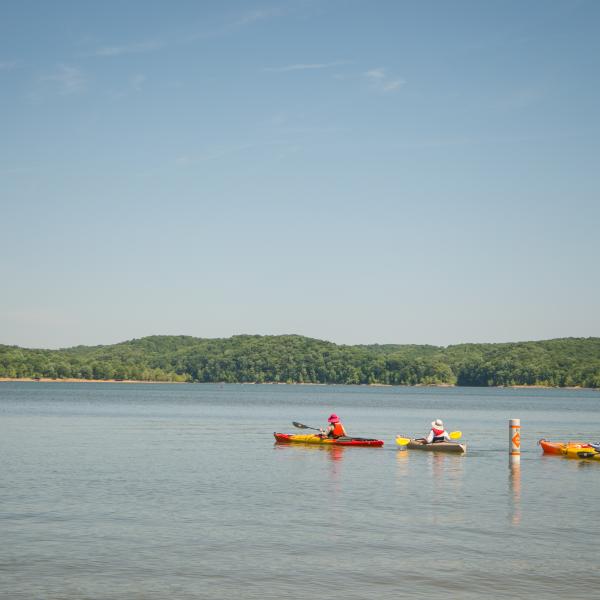 Four people kayaking on Monroe Lake