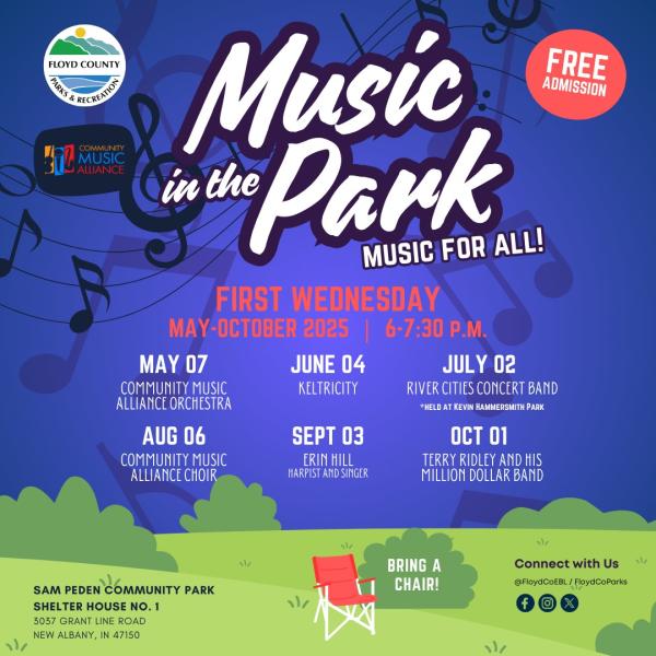 Floyd County Music in the Park DatesMay 7, June 4, July 2, Aug 6, Sept 3, Oct 1