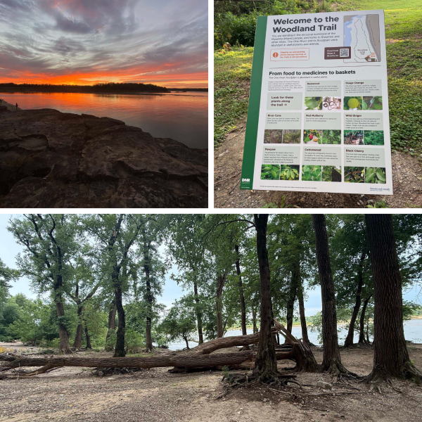 Woodlands Trail photo collageLeft: Sunset at Falls fo the OhioRight: Woodlands Trail info boardBottom: Woodlands Trail