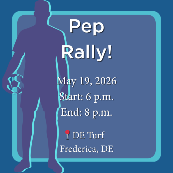 A graphic highlighting that Delaware's Pep Rally will be held on May 19 at 6 p.m. at DE Turf in Frederica, DE.