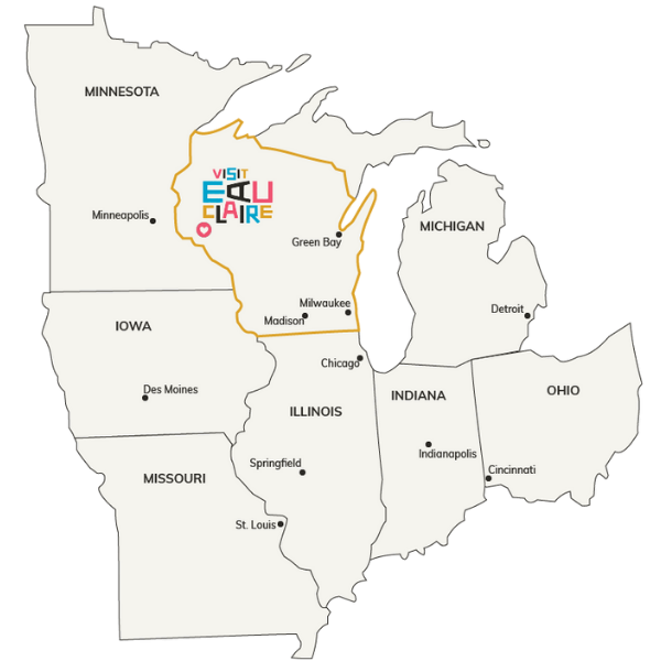 A map of the midwest states showing where Eau Claire, WI is