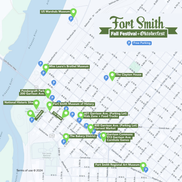 A map with markers for free parking for the 2024 Fort Smith Fall Festival and Oktoberfest.