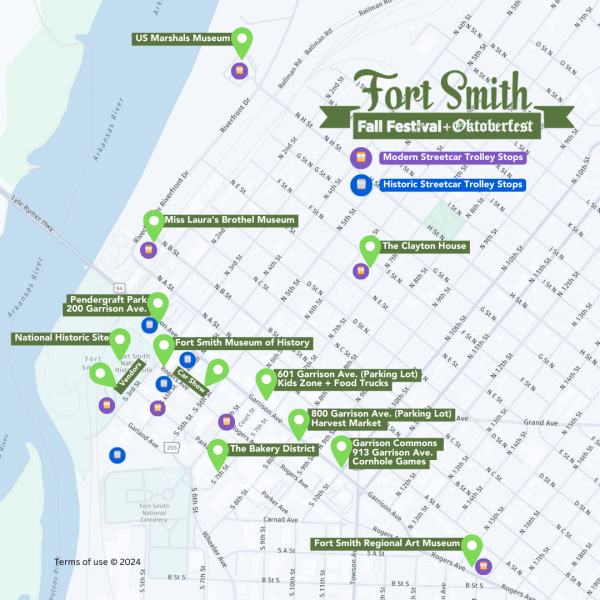 A map showing historic and modern trolley streetcar stops for the Fort Smith 2024 Fall Festival.