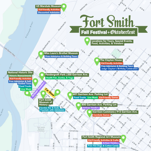 A map showing the locations for special events, food, vendors, and more for the Fort Smith 2024 Fall Festival.