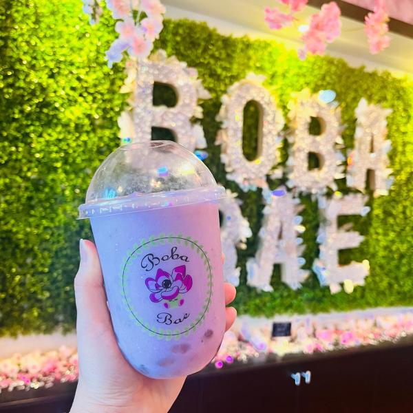 Boba smoothie infront of Boba Bae signage
