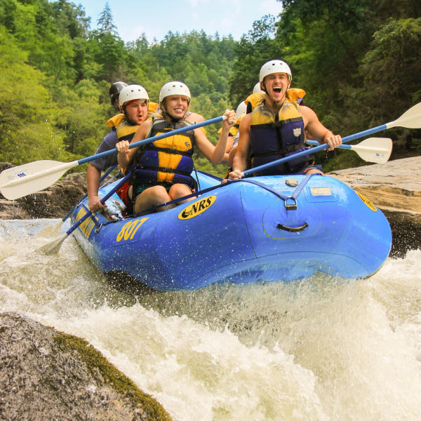 People whitewater rafting on the Chattooga River.